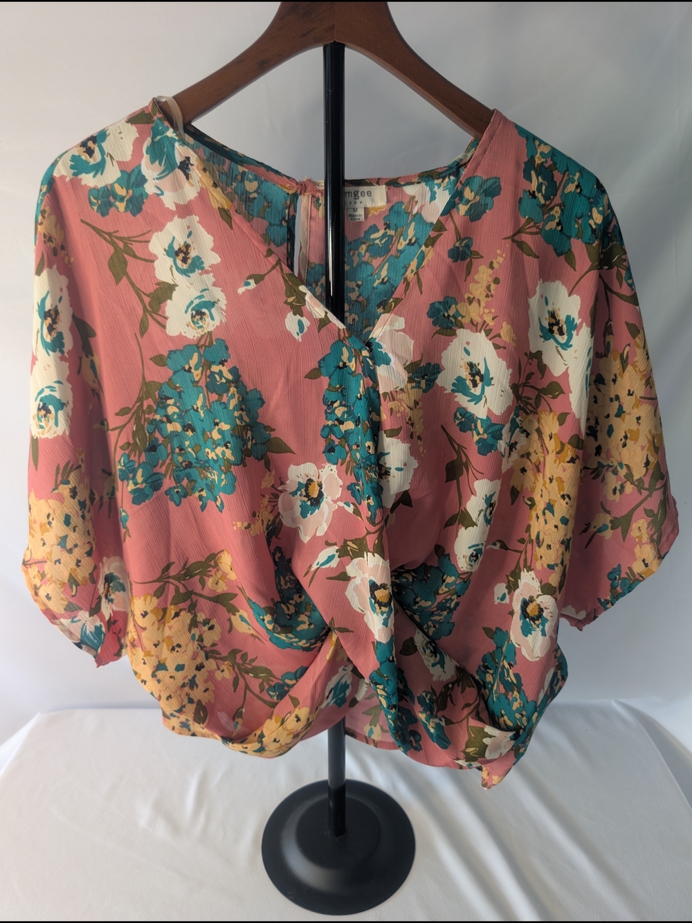 Umgee Rose Pink Floral Twist-Front Blouse with Teal Accents Women's Medium